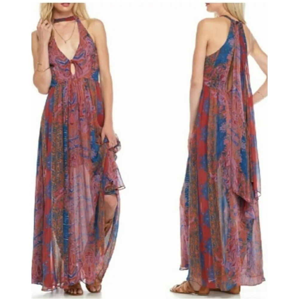 Free People Unattainable Blue Red Paisley Print Halter Flowy Maxi Dress Size 0 - Picture 5 of 13